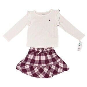 NEW Carters Toddler Girl 2 Piece White Top Purple Plaid Flannel Skort Set 2T NWT